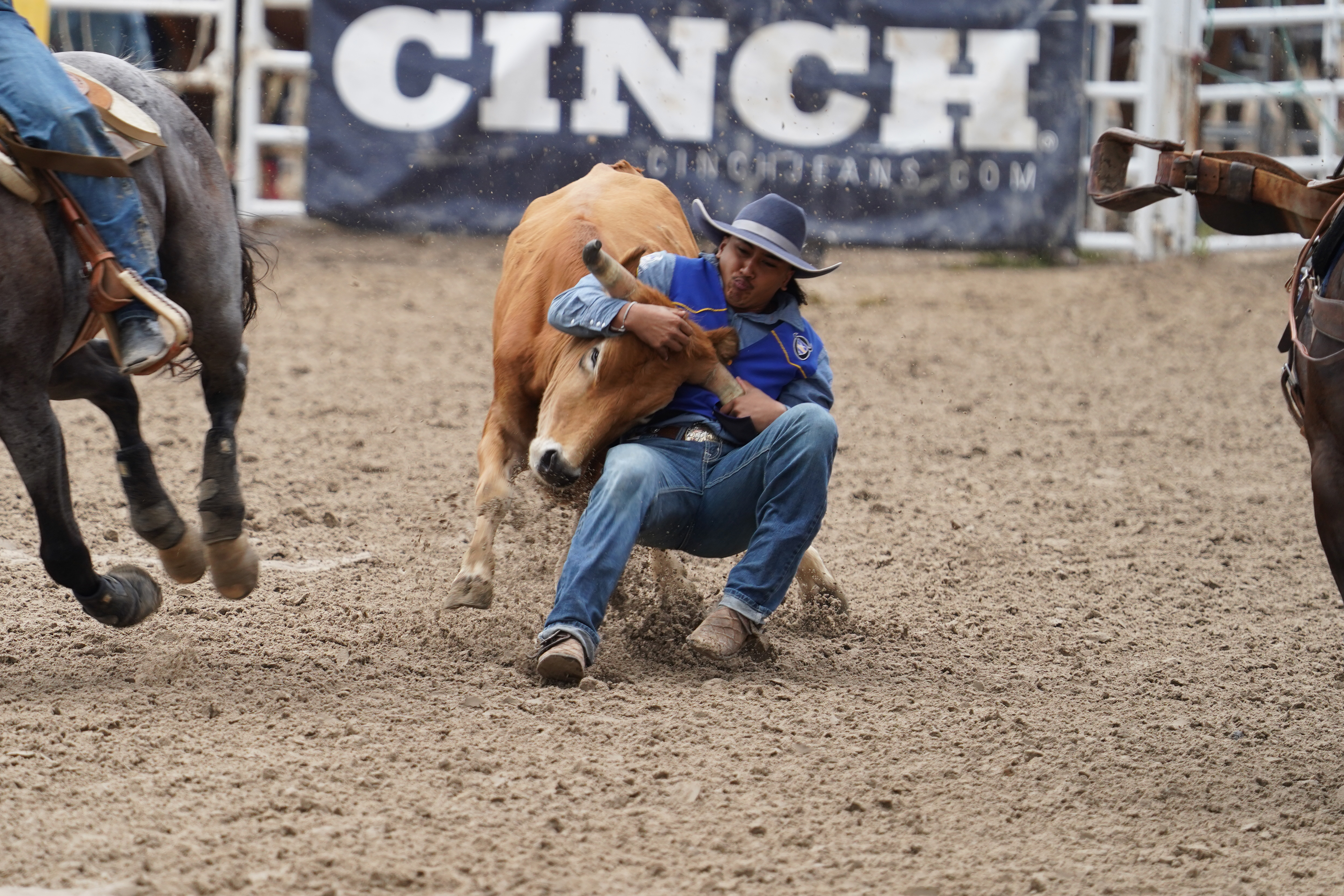 Kahiwa Augustiro competes in the steer wrestling event at the MPCC Stampede in September 2025.