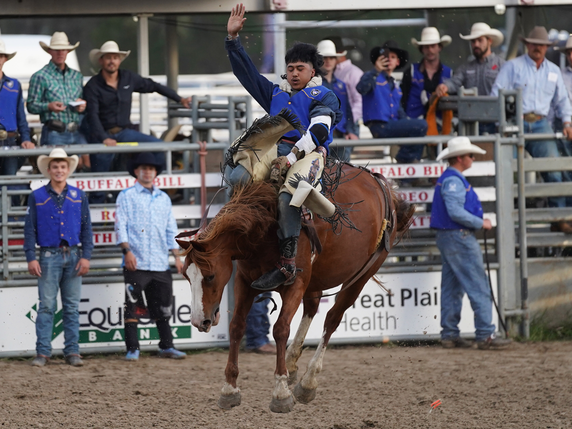 Kahiwa Augustiro competes in the bareback event during the 2025 Stampede Rodeo.